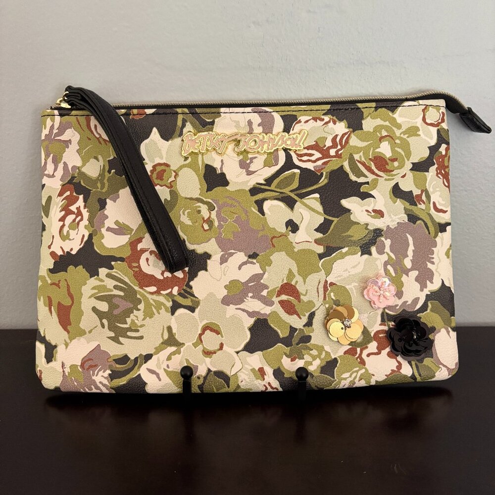 Betsey Johnson Olive Green Floral Black Large Clutch Wristlet